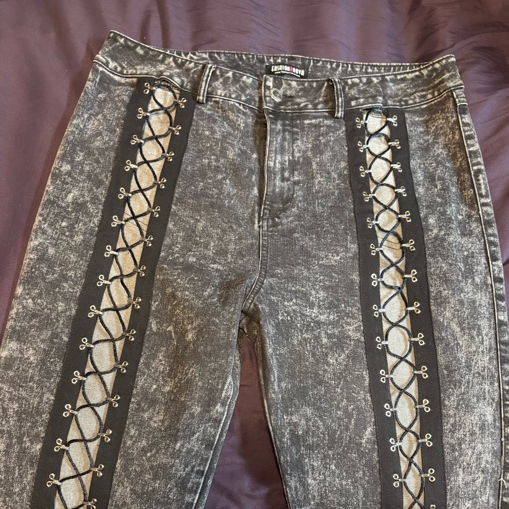 Acid Wash Lace up Skinny Jeans